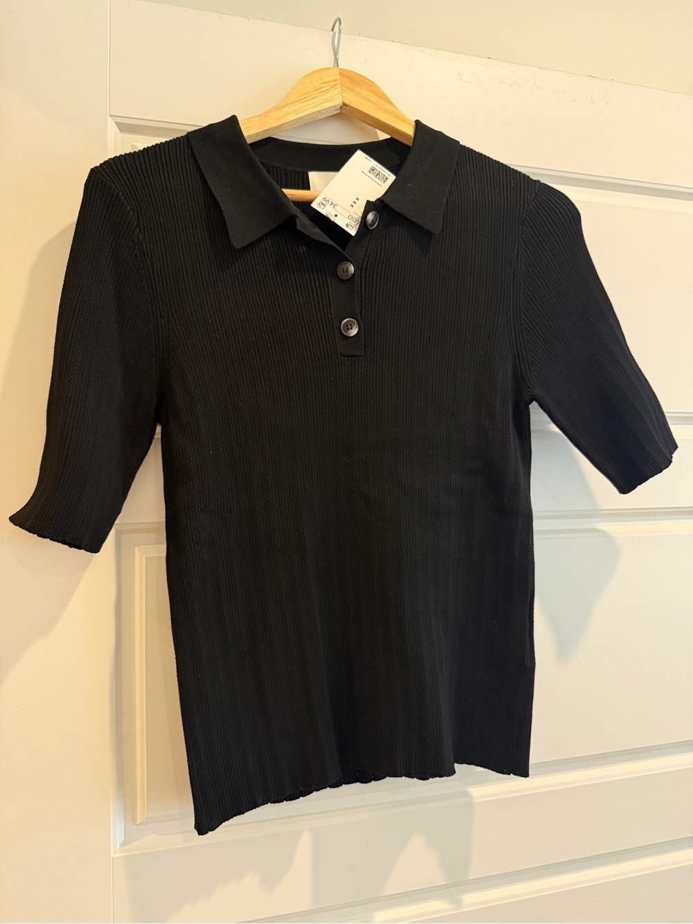 WOMENS MED H&M Black Ribbed Polo Top NWT corporate goth